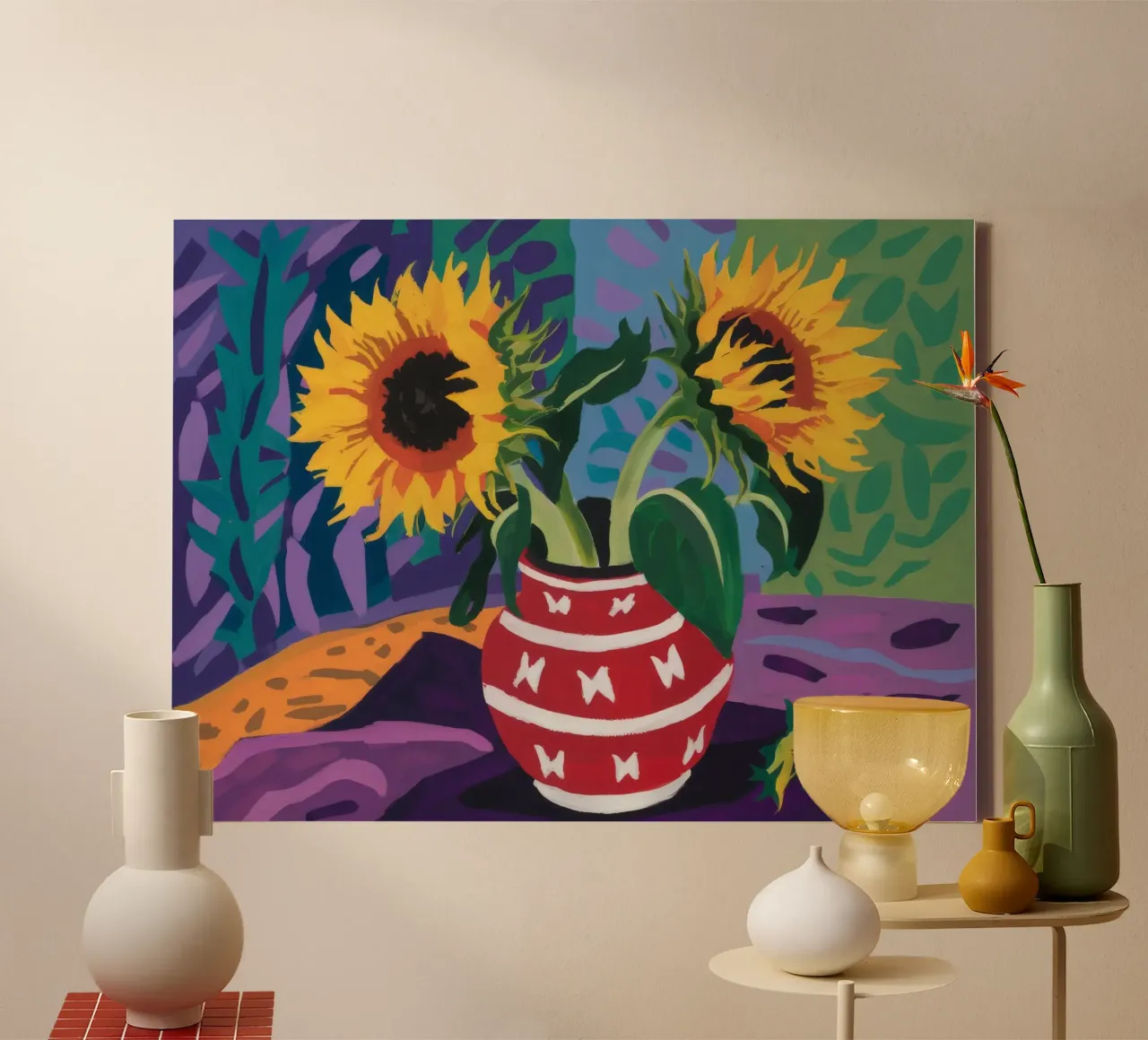 Sunflower Red Vase canvas with Floater frame by Pan Denim