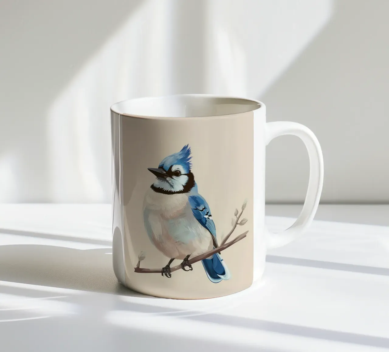 Serenity in Blue: A Stylish Blue Jay in Nature ceramic mug by DesignDoodle
