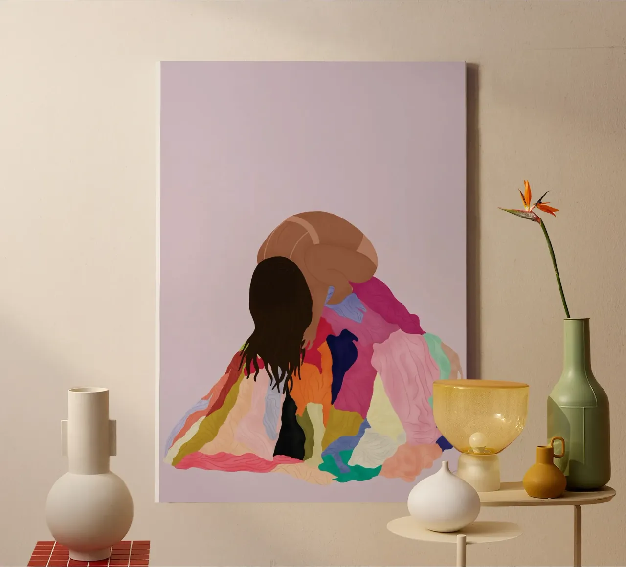 vrouw krullend haar veelkleurig canvas met Baklijst van maluniq