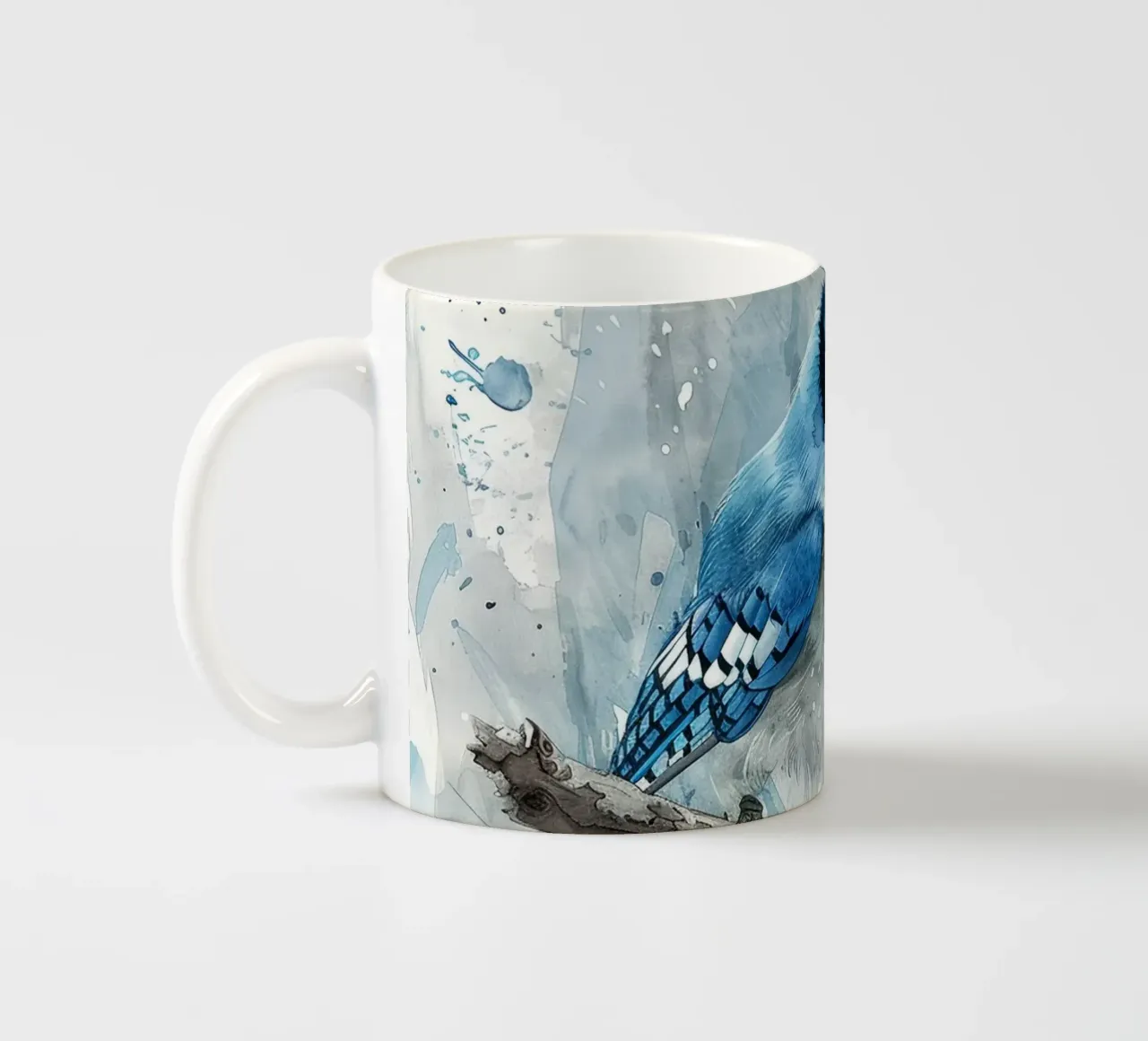 The Blue Jay's Stare: Bold and Bright on the Branch ceramic mug by DesignDoodle