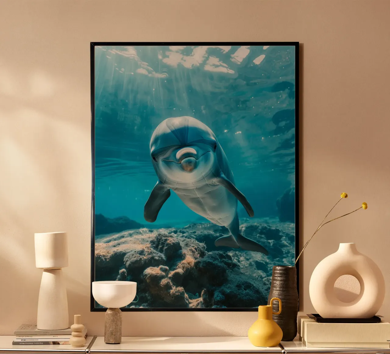 Sorriso subacqueo: Il grazioso delfino tursiope poster con telaio in alluminio da DesignDoodle