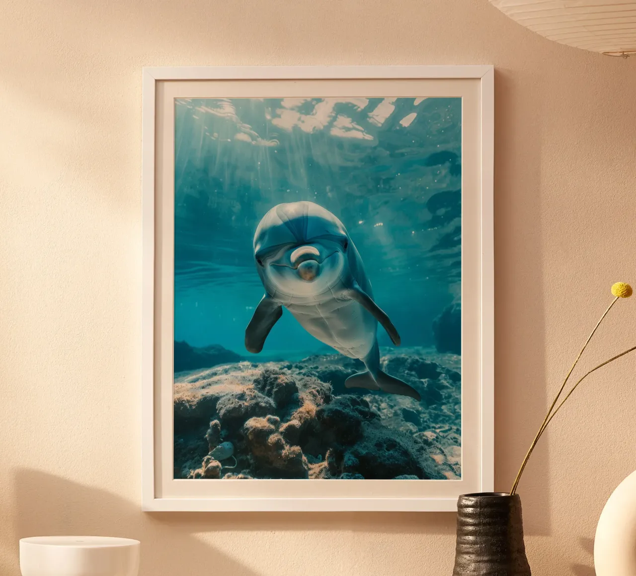 Sorriso subacqueo: Il grazioso delfino tursiope poster con telaio in alluminio da DesignDoodle