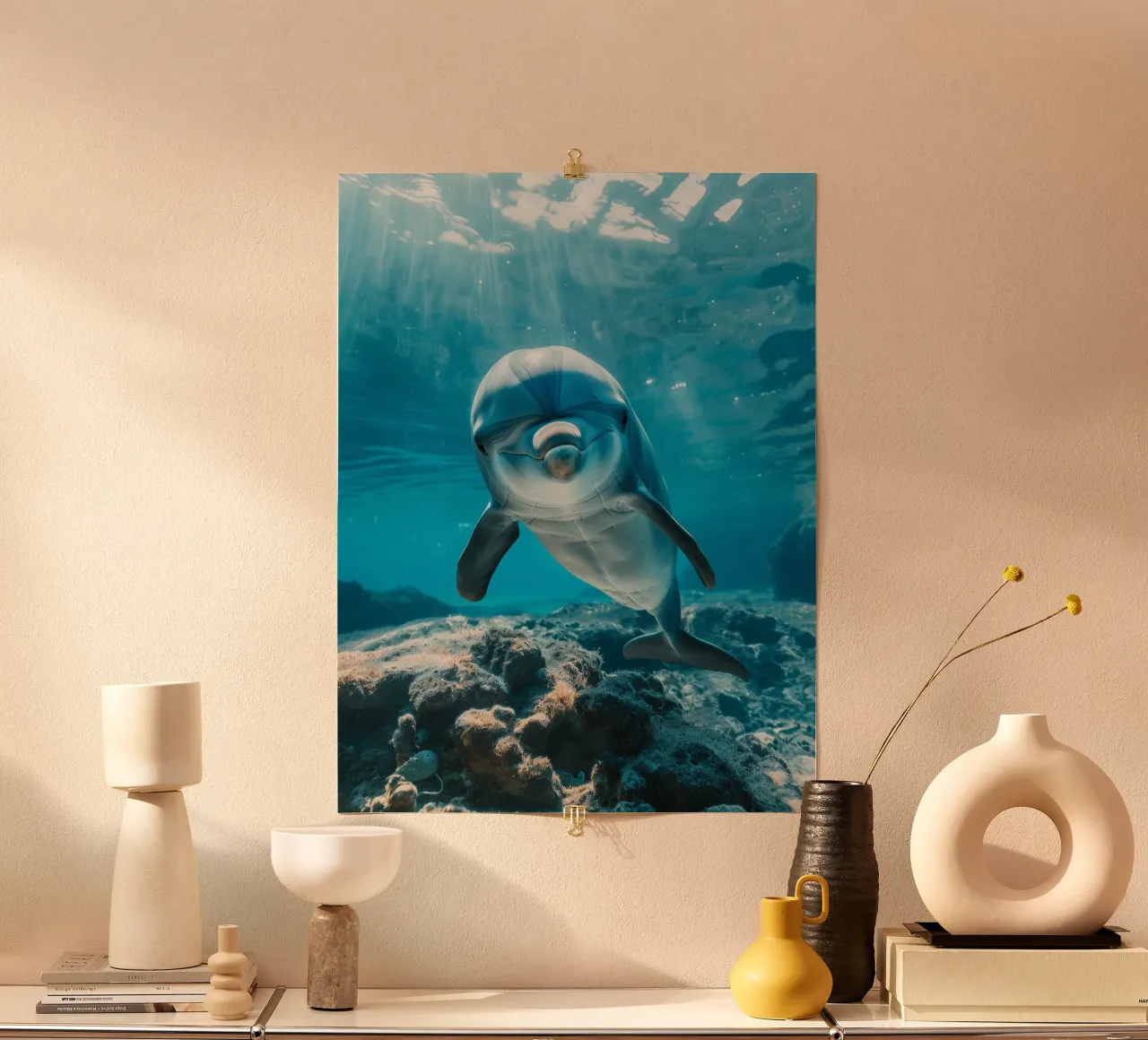 Sorriso subacqueo: Il grazioso delfino tursiope poster con telaio in alluminio da DesignDoodle
