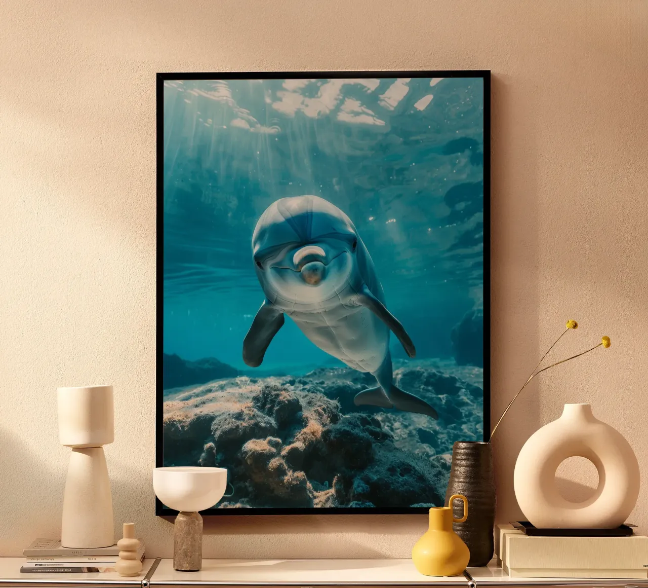 Sorriso subacqueo: Il grazioso delfino tursiope poster con telaio in alluminio da DesignDoodle