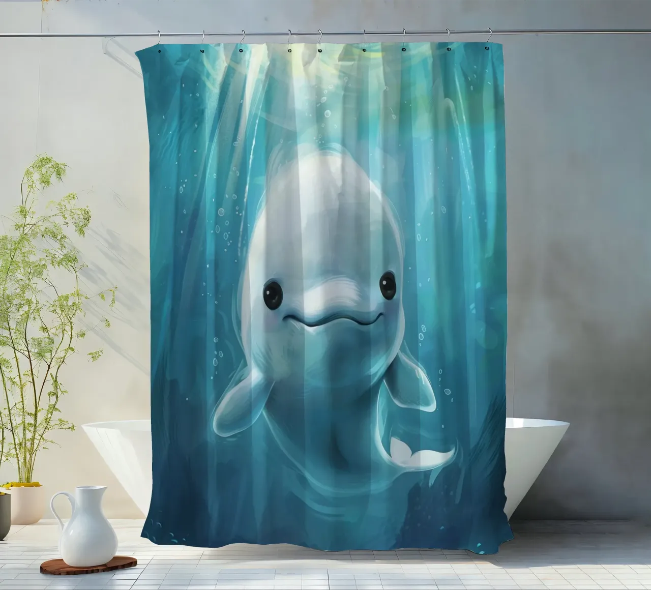 Innocence in the Deep: A Beluga Whale Calf in Blue Waters shower curtain by DesignDoodle