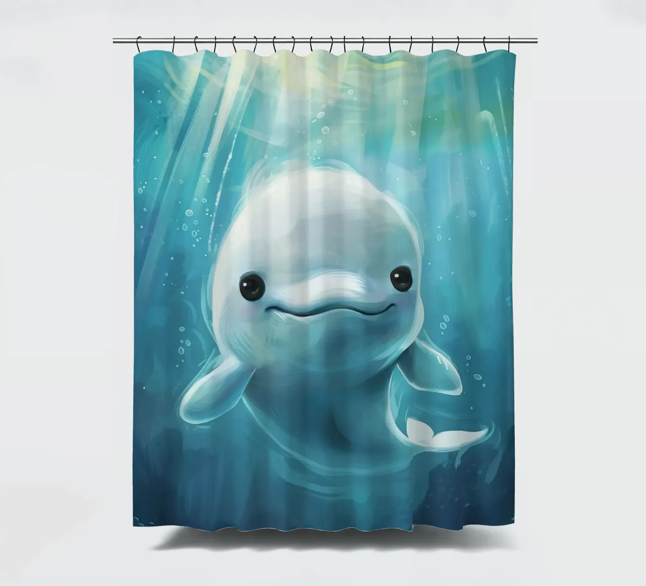 Innocence in the Deep: A Beluga Whale Calf in Blue Waters shower curtain by DesignDoodle