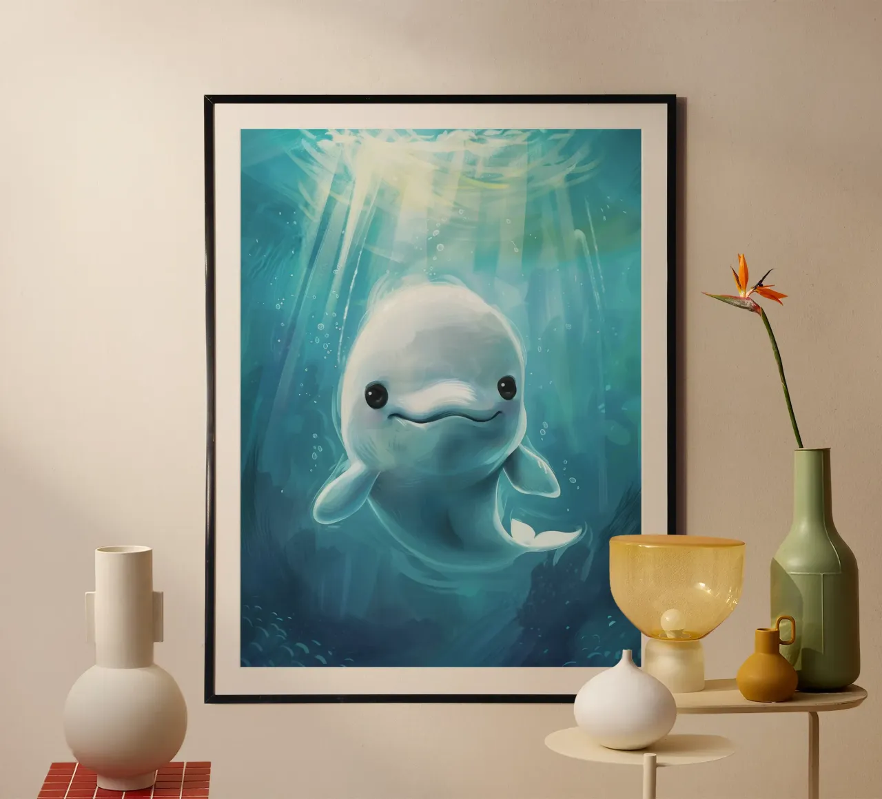 Innocence in the Deep : Un béluga dans les eaux bleues poster de DesignDoodle