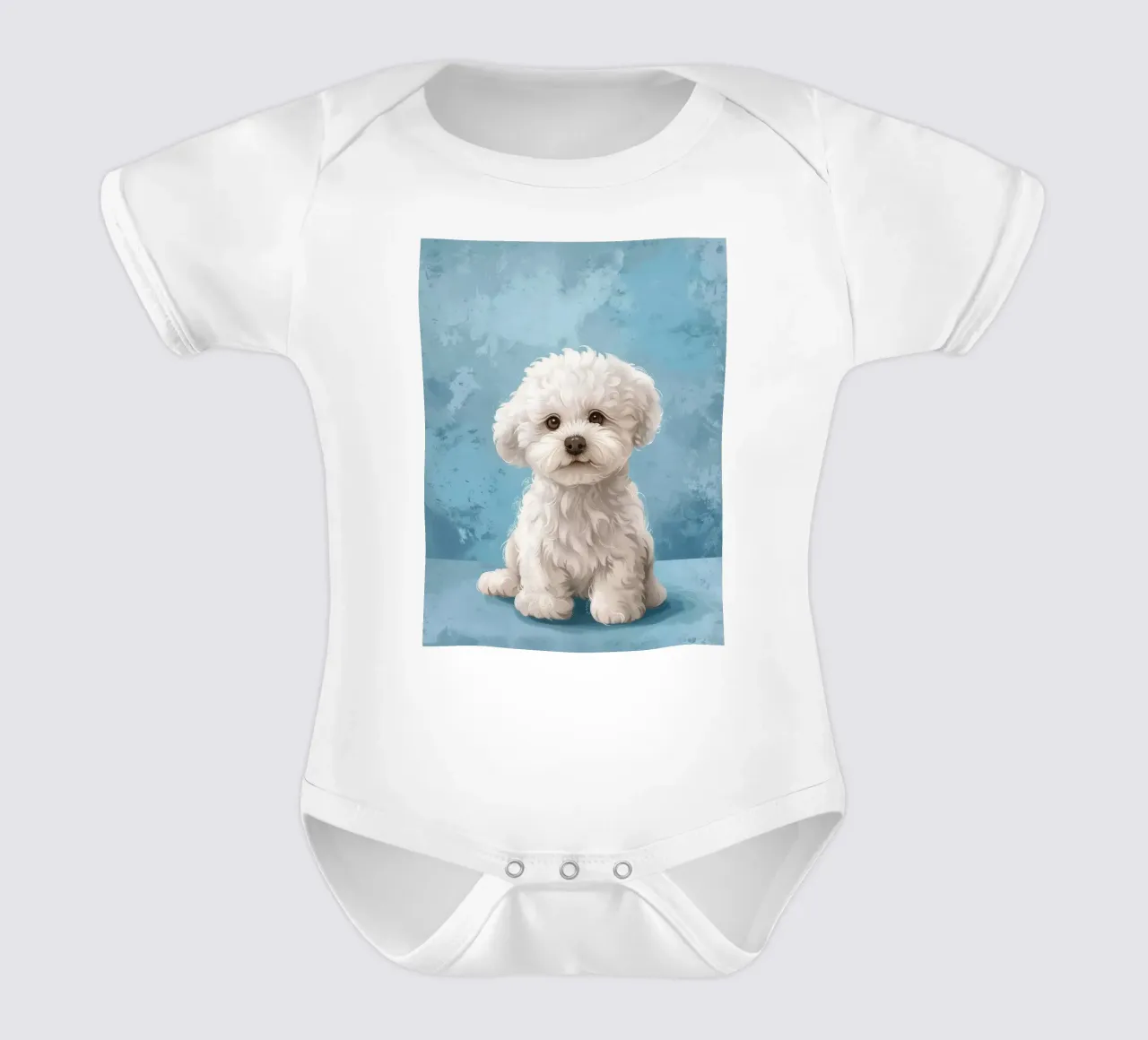 Playful Puppy: The Innocent Bichon Frise Posing with Charm short-sleeve baby romper by DesignDoodle