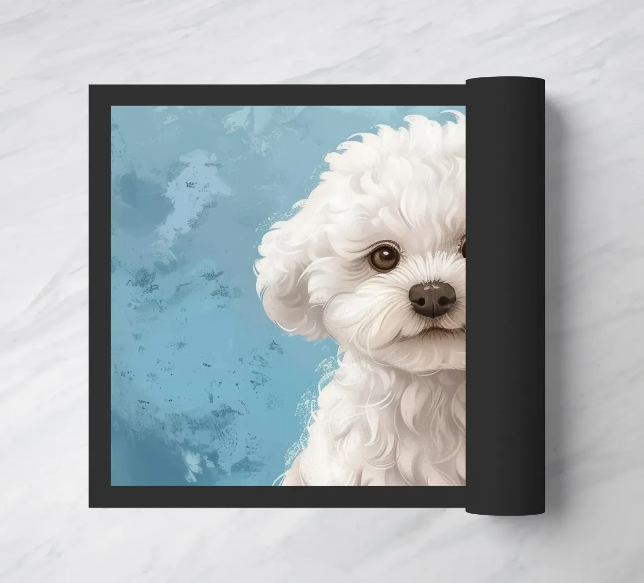 Cucciolo giocoso: L'innocente Bichon Frise in posa con fascino zerbino da DesignDoodle