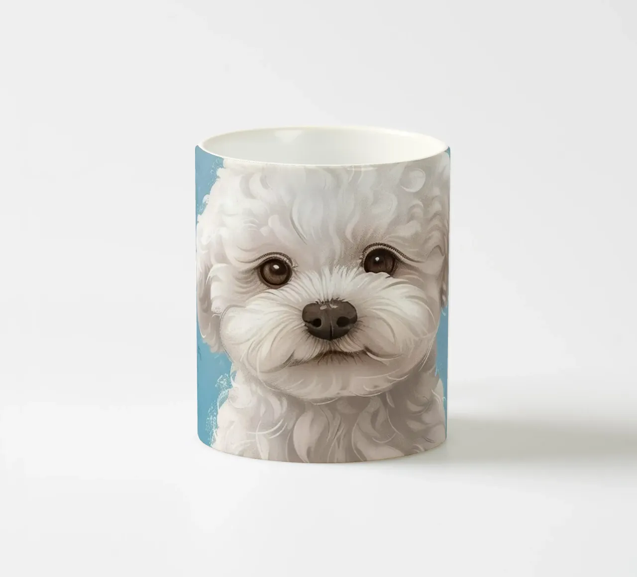 Speelse puppy: De onschuldige Bichon Frise poseert met charme keramische mok van DesignDoodle