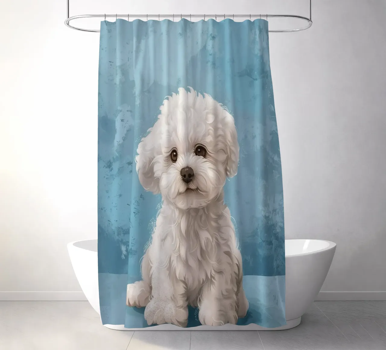 Chiot joueur : L'innocent bichon frisé posant avec charme rideau de douche de DesignDoodle