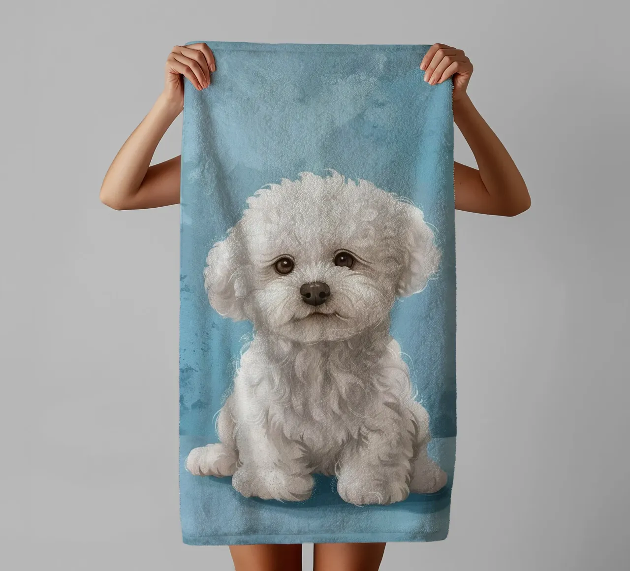 Playful Puppy: The Innocent Bichon Frise Posing with Charm towel by DesignDoodle