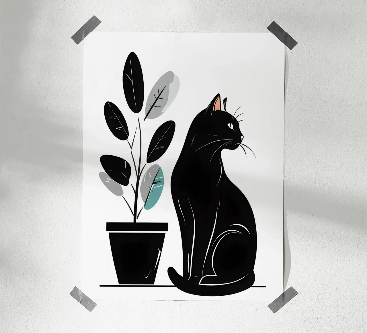 Zwarte kat en plantenillustratie poster met houten frame van 🥝 KIWI STORE