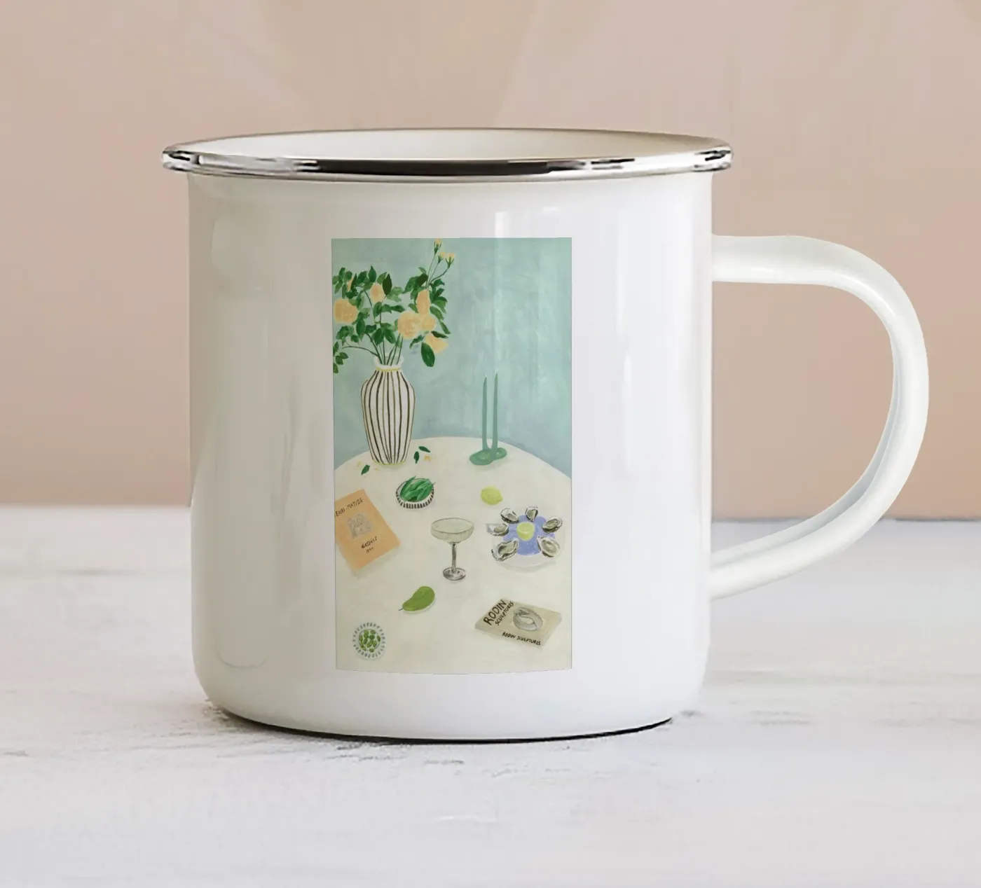 Oysters And Art Books enamel mug by Isabelle Vandeplassche