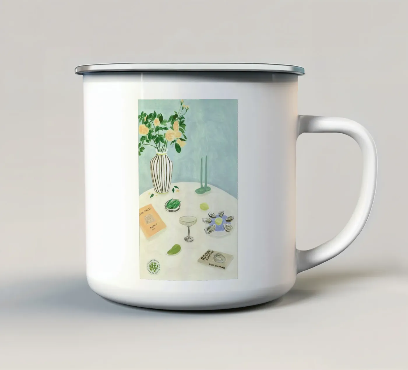 Oysters And Art Books enamel mug by Isabelle Vandeplassche