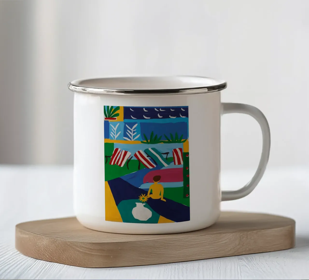 Soggiorno sul lungofiume tazza in smalto da Muse Artworks