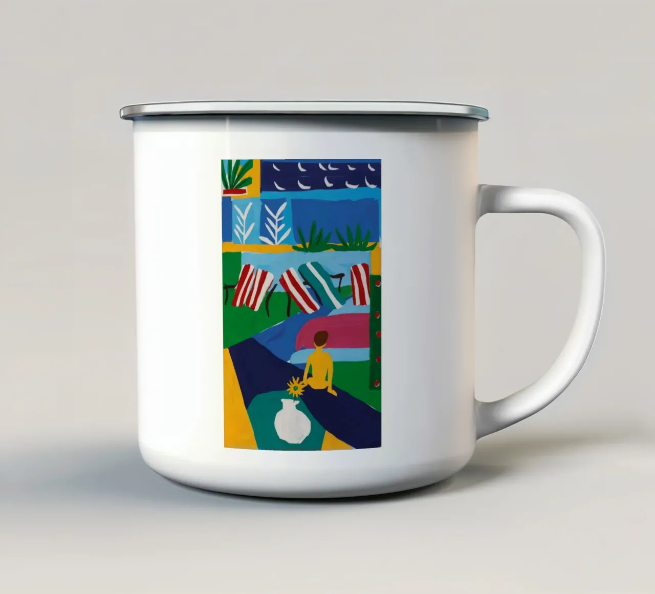 Soggiorno sul lungofiume tazza in smalto da Muse Artworks