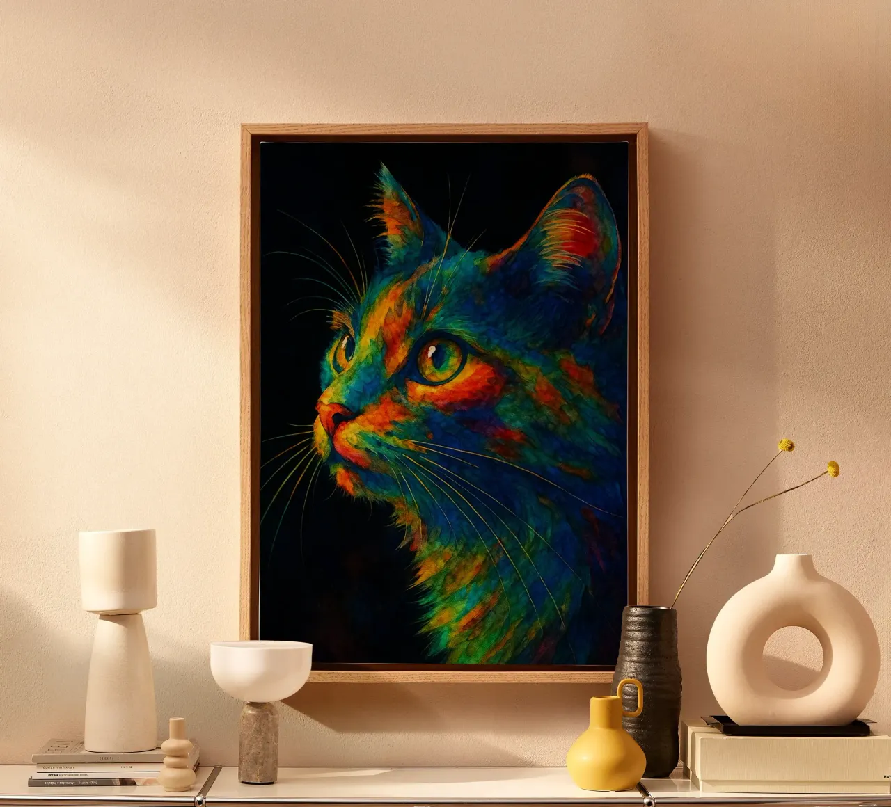 gatto pittura colorata tela con Cornice a cassetta da toegoe