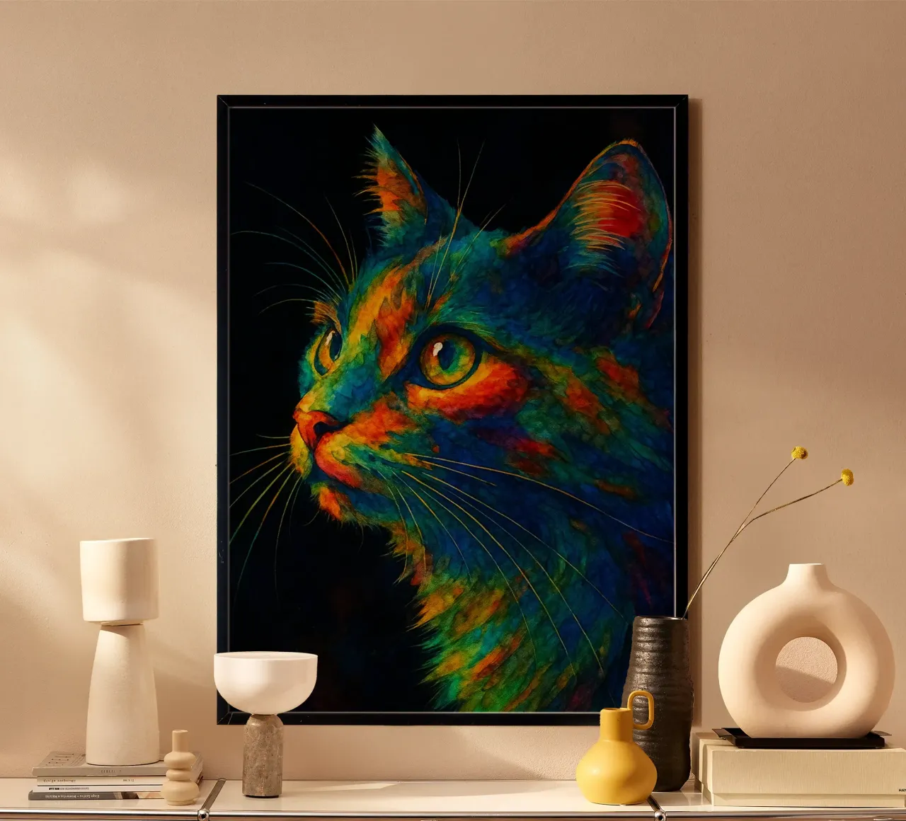 gatto pittura colorata poster con telaio in legno da toegoe