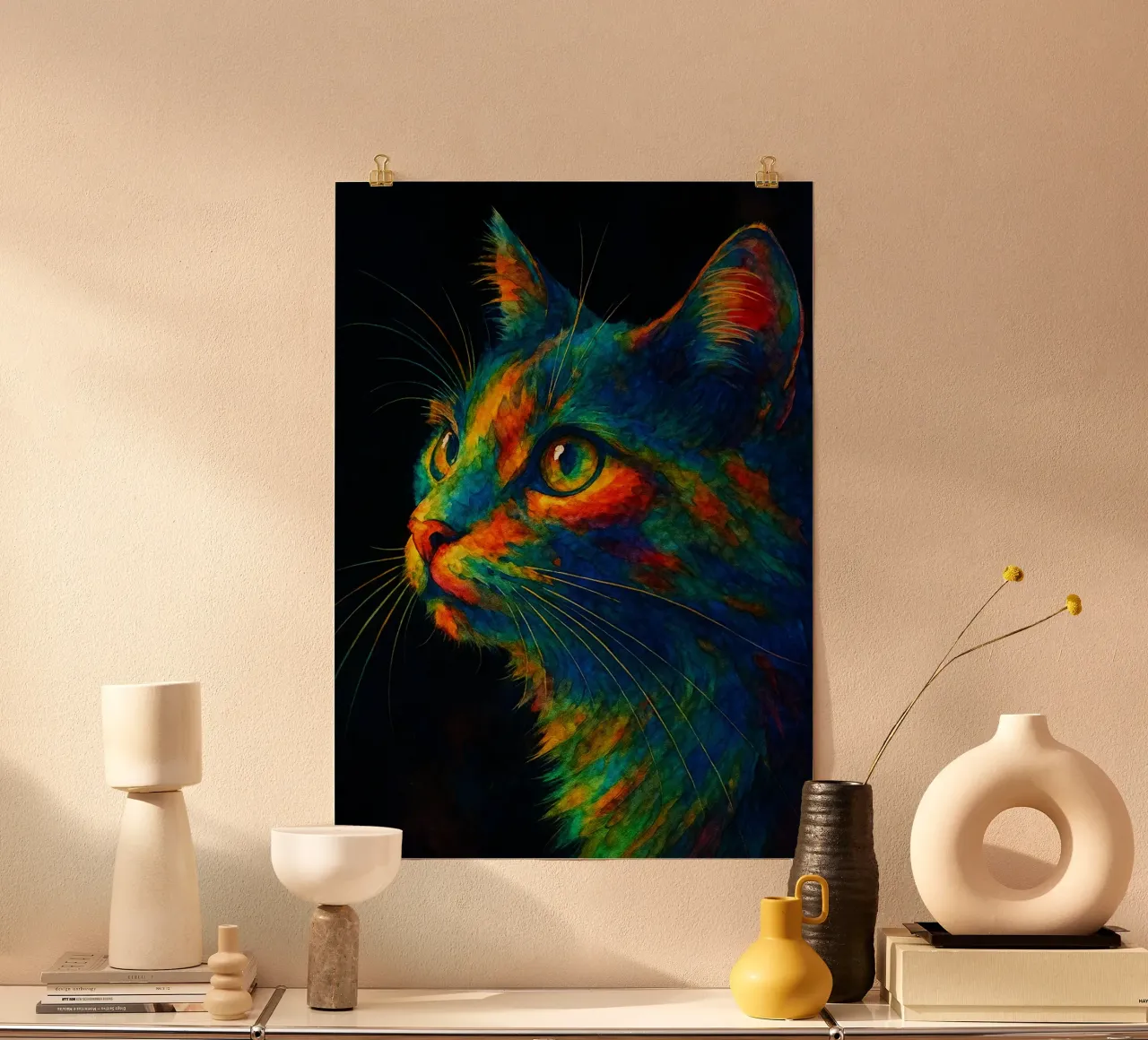 gatto pittura colorata poster con telaio in legno da toegoe