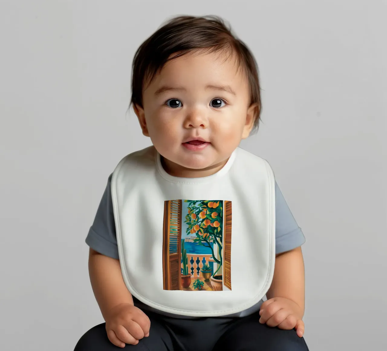 Orange Tree Window baby bib by FadeAura