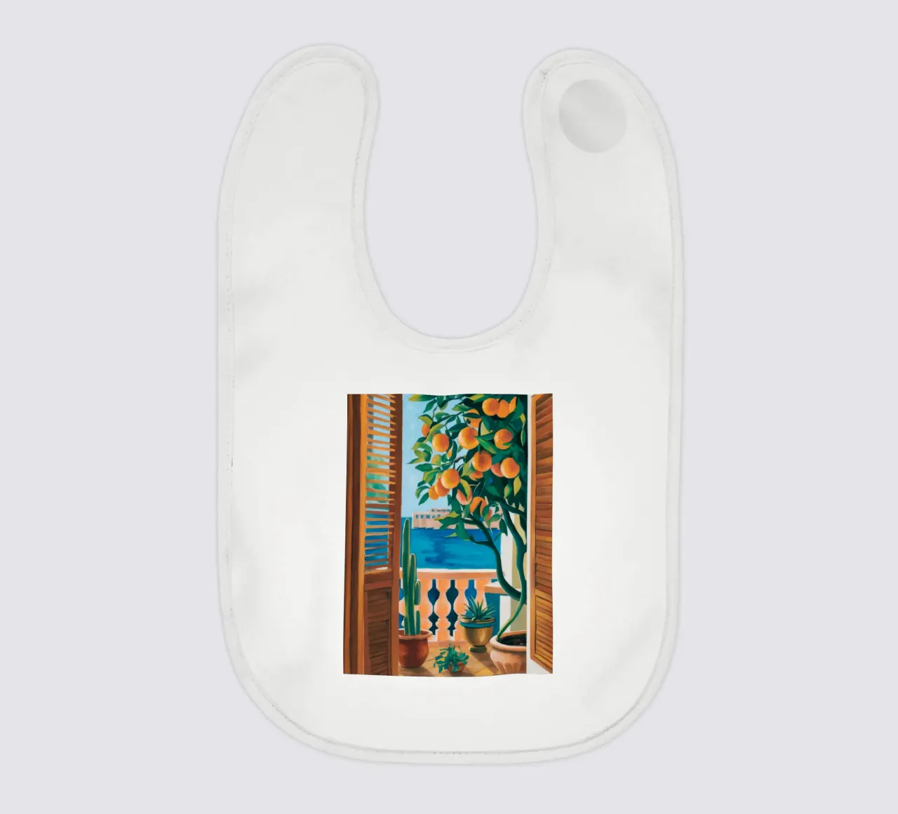 Orange Tree Window baby bib by FadeAura