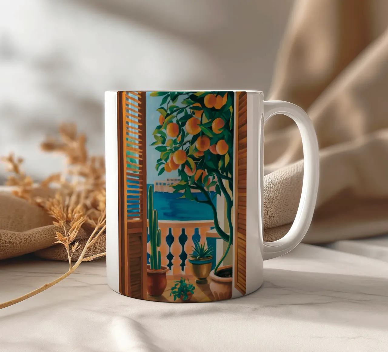 Orange Tree Window ceramic mug by FadeAura