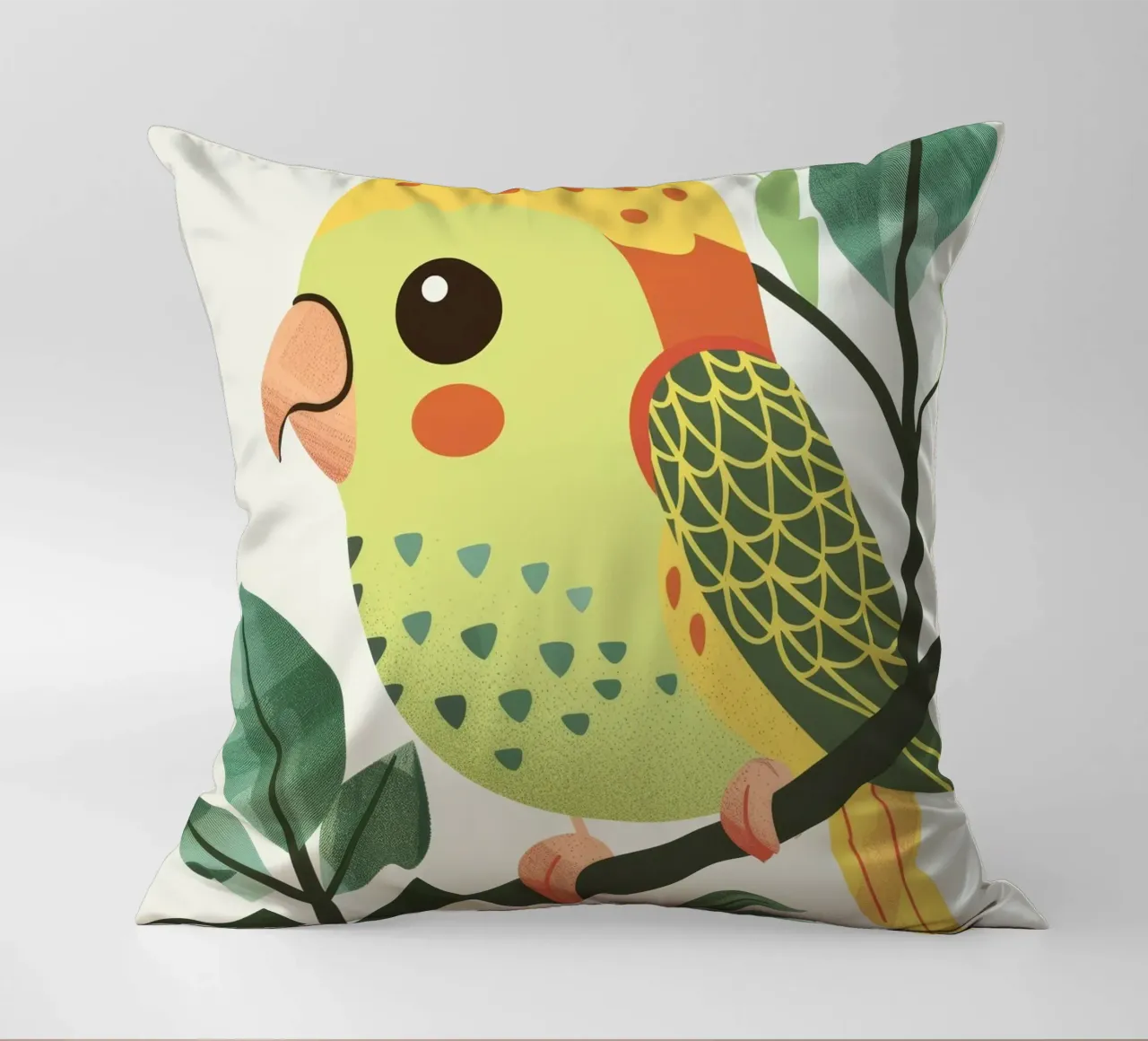 Melodia colorata: Il vibrante Budgie sul ramo cuscino da DesignDoodle