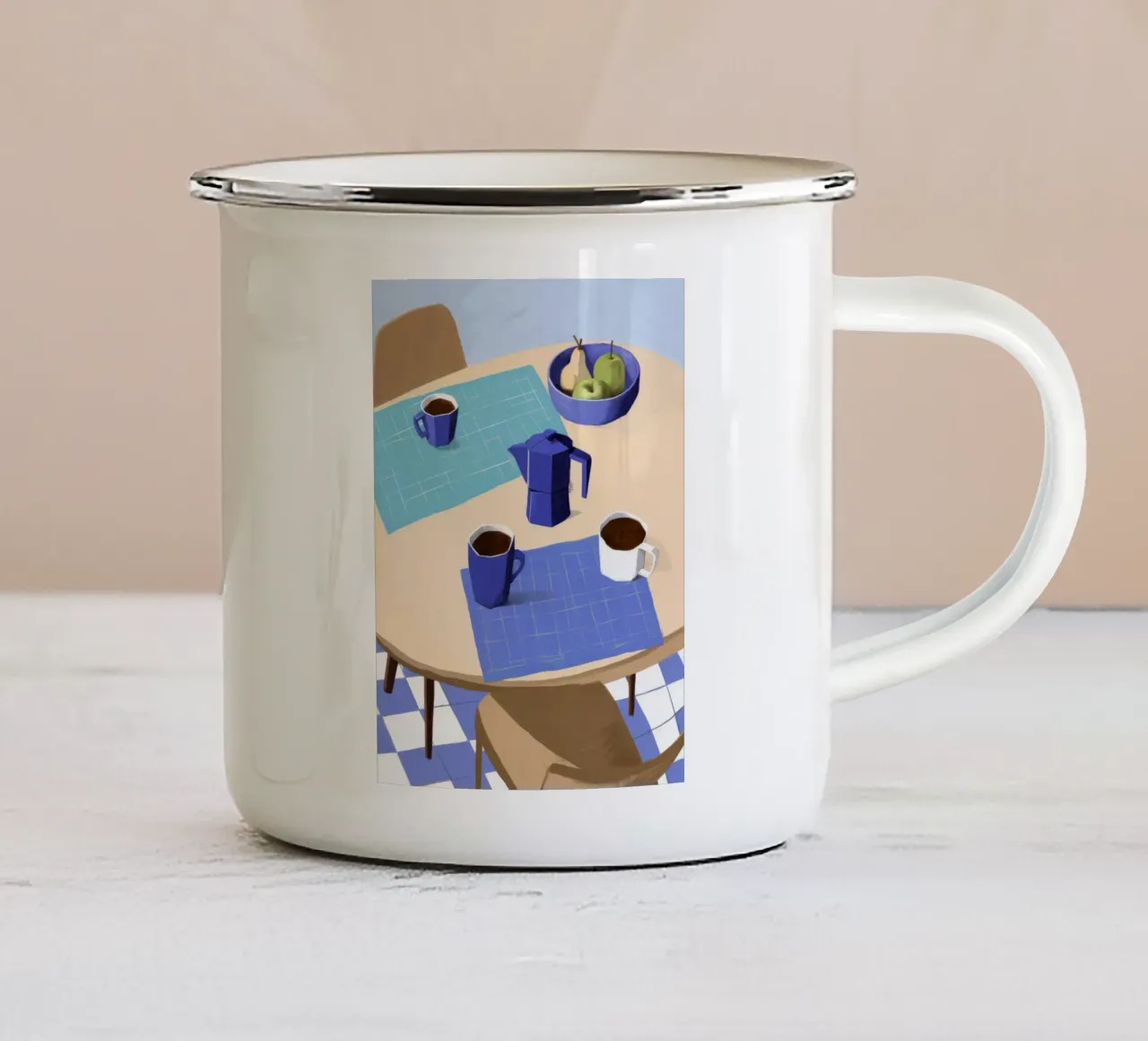 Blauwe koffiepauze emaille mok van Muse Artworks