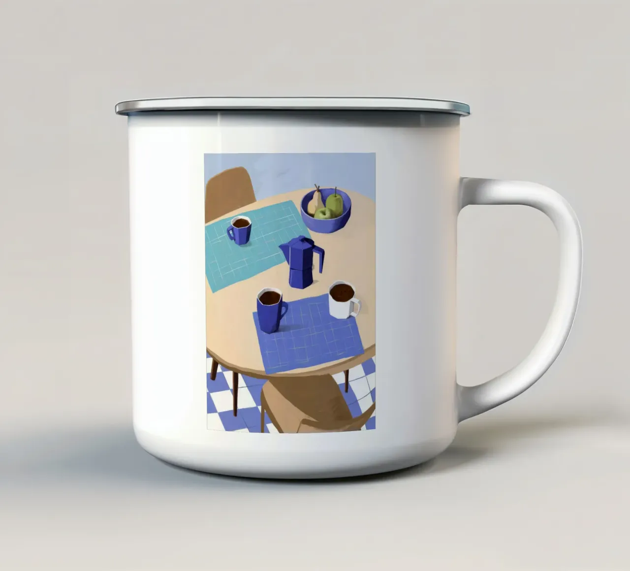 Blauwe koffiepauze emaille mok van Muse Artworks