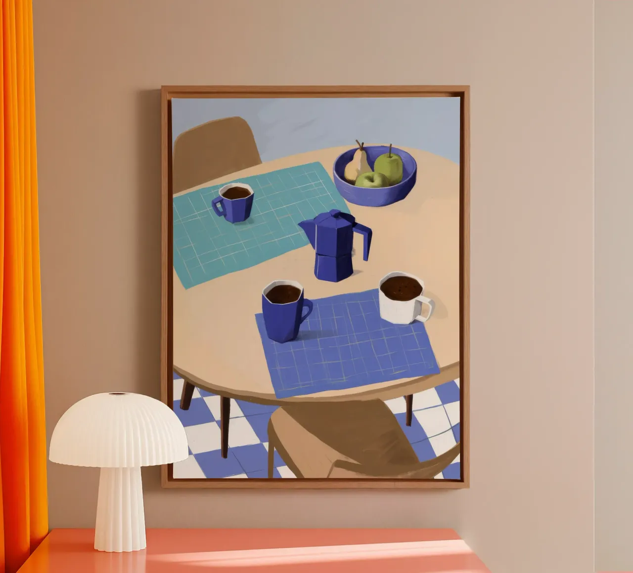 Pausa caffè blu tela con Cornice a cassetta da Muse Artworks