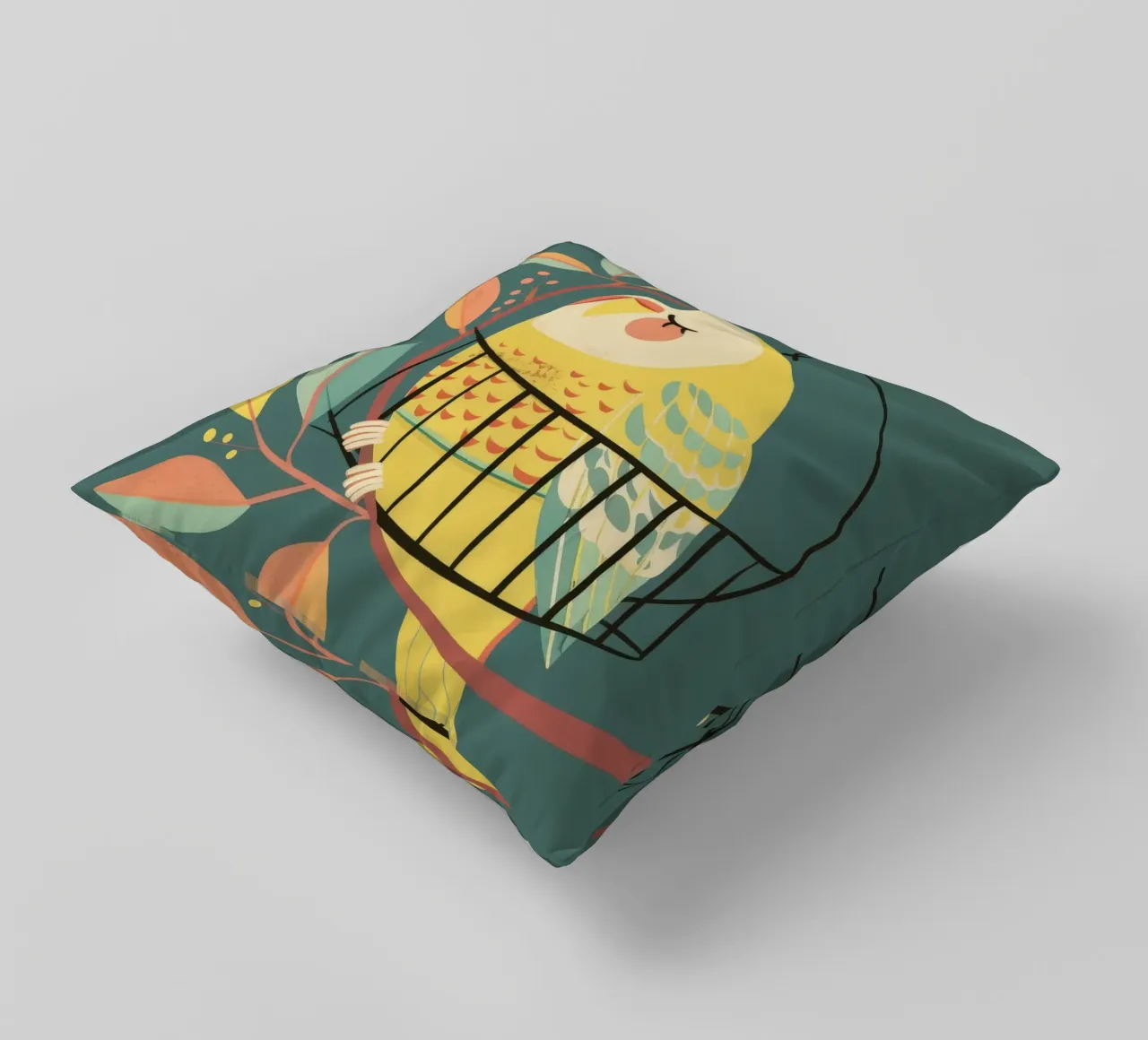The Playful Budgie: A Moment of Serenity in the Trees decorative cushion by DesignDoodle
