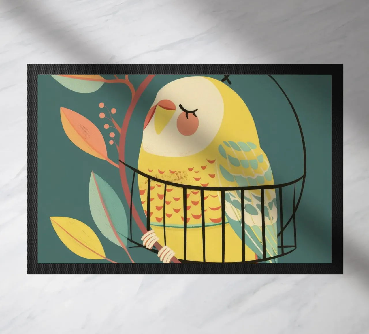 The Playful Budgie: A Moment of Serenity in the Trees doormat by DesignDoodle