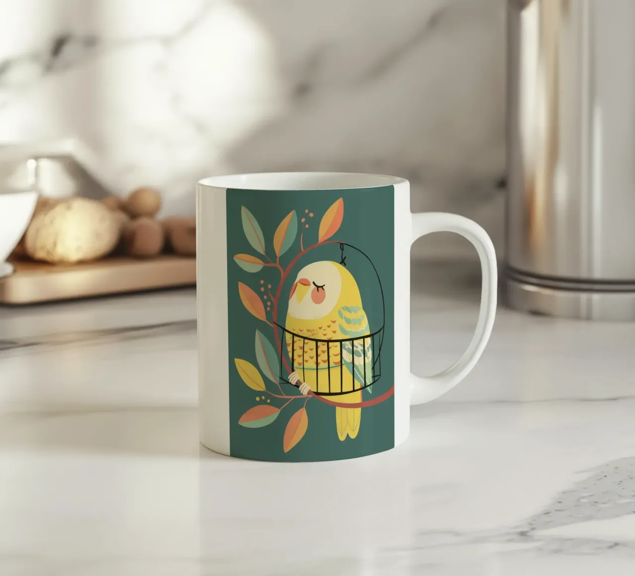 Der verspielte Wellensittich: Ein Moment der Gelassenheit in den Bäumen Keramik Tasse von DesignDoodle