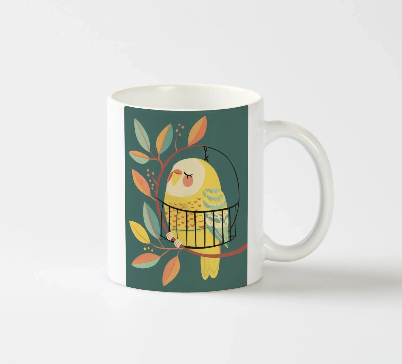 Il Budgie giocoso: un momento di serenità tra gli alberi tazza in ceramica da DesignDoodle