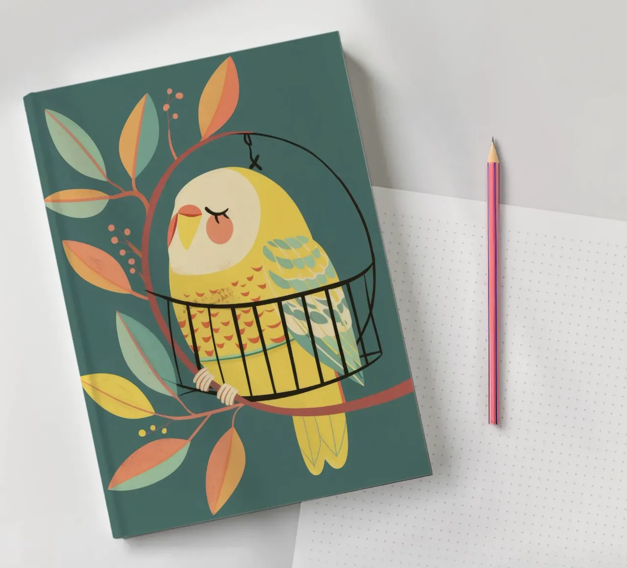 The Playful Budgie: A Moment of Serenity in the Trees notebook by DesignDoodle