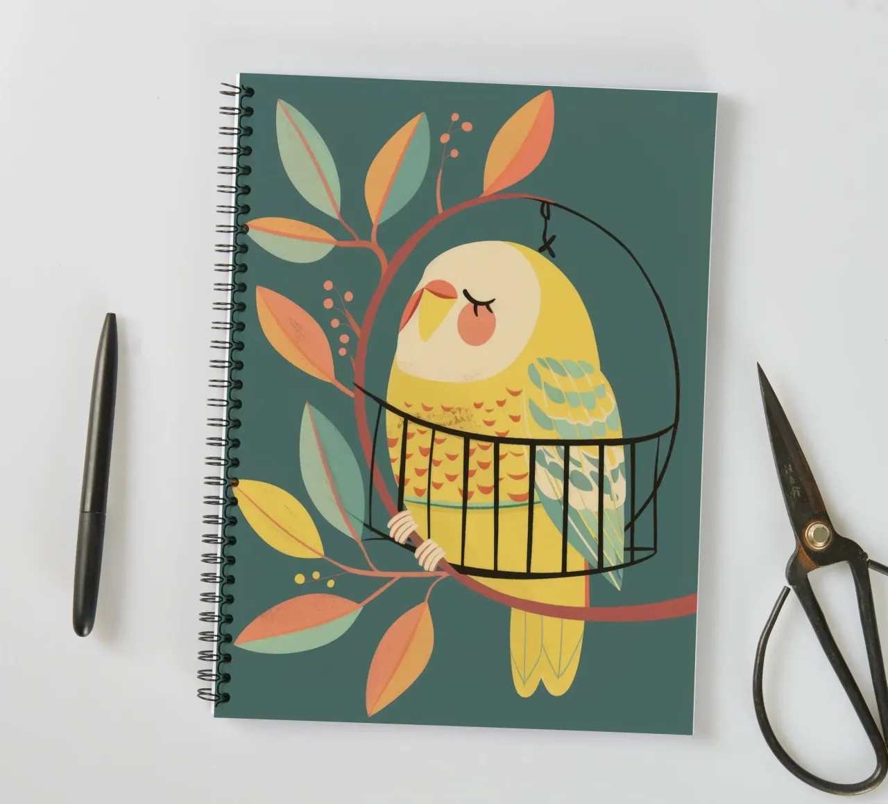 The Playful Budgie: A Moment of Serenity in the Trees spiral notebook by DesignDoodle
