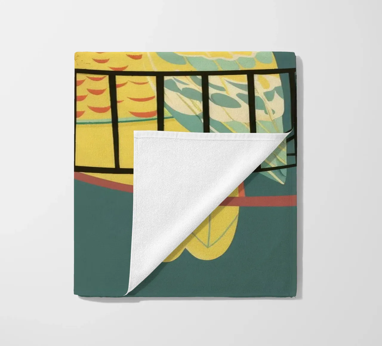 The Playful Budgie: A Moment of Serenity in the Trees beach towel by DesignDoodle