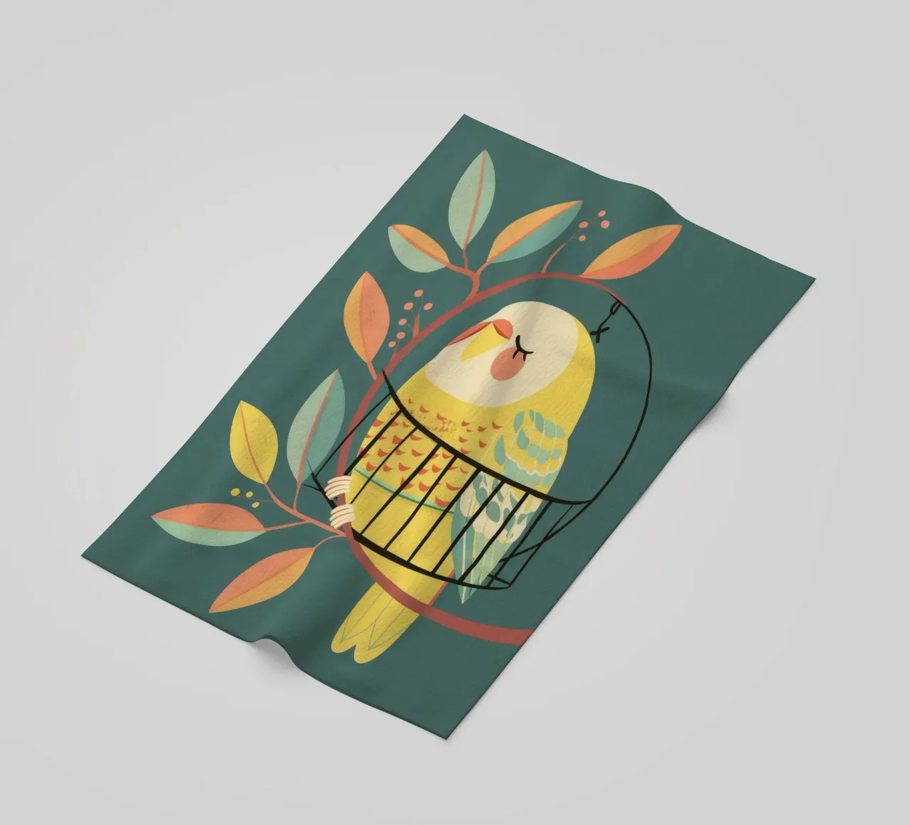 The Playful Budgie: A Moment of Serenity in the Trees beach towel by DesignDoodle