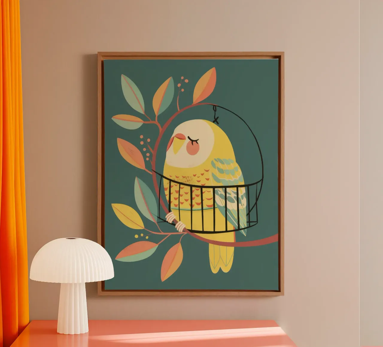 The Playful Budgie: A Moment of Serenity in the Trees canvas by DesignDoodle