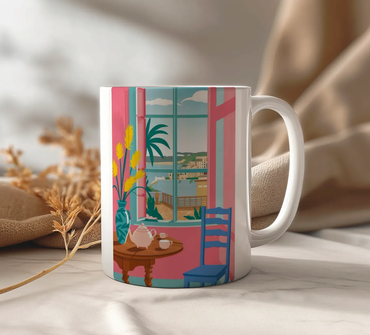 Seaside Cafe Table ceramic mug by FadeAura