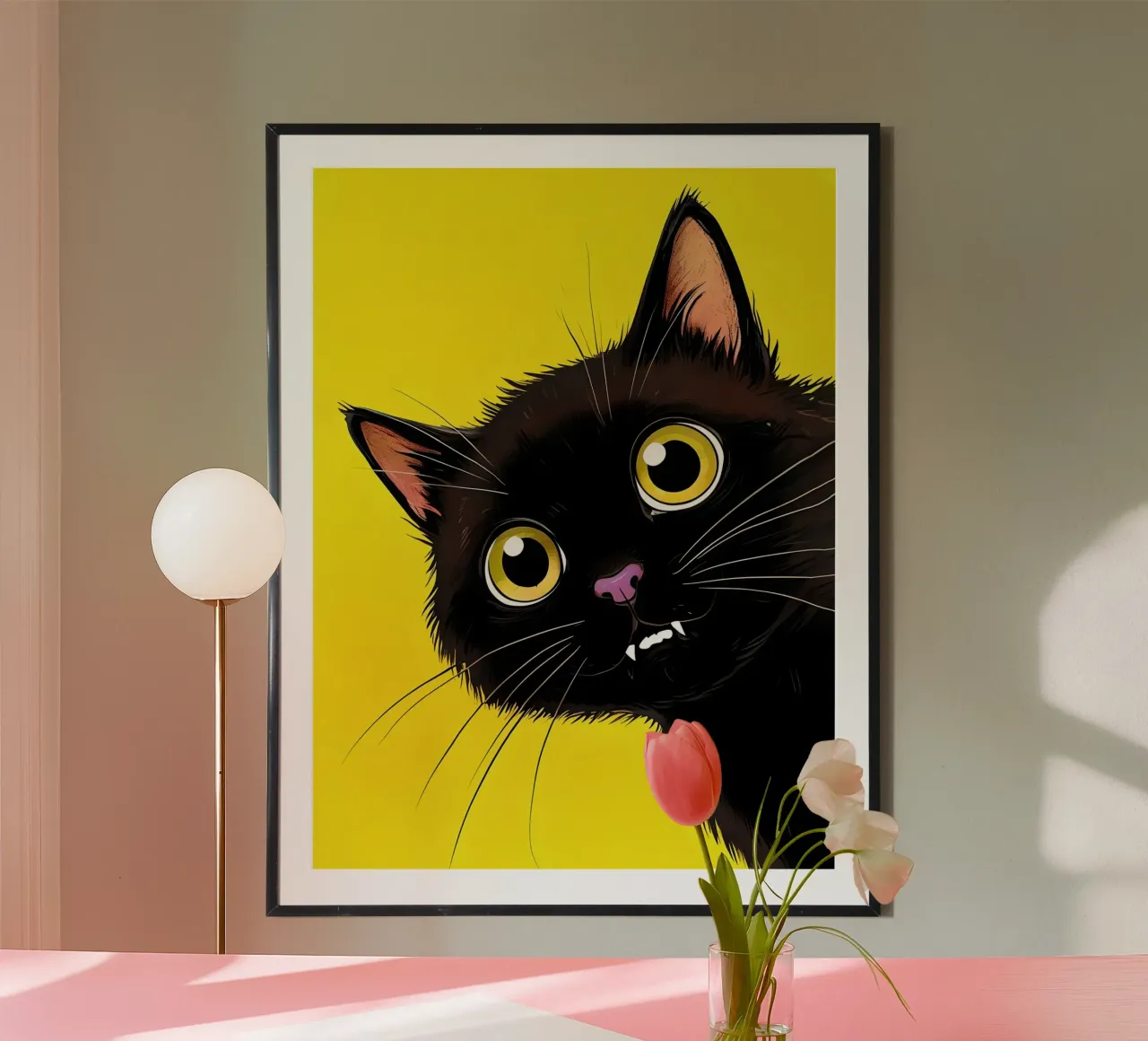 Gatto nero vampiro con occhi gialli poster con telaio in legno da 🥝 KIWI STORE