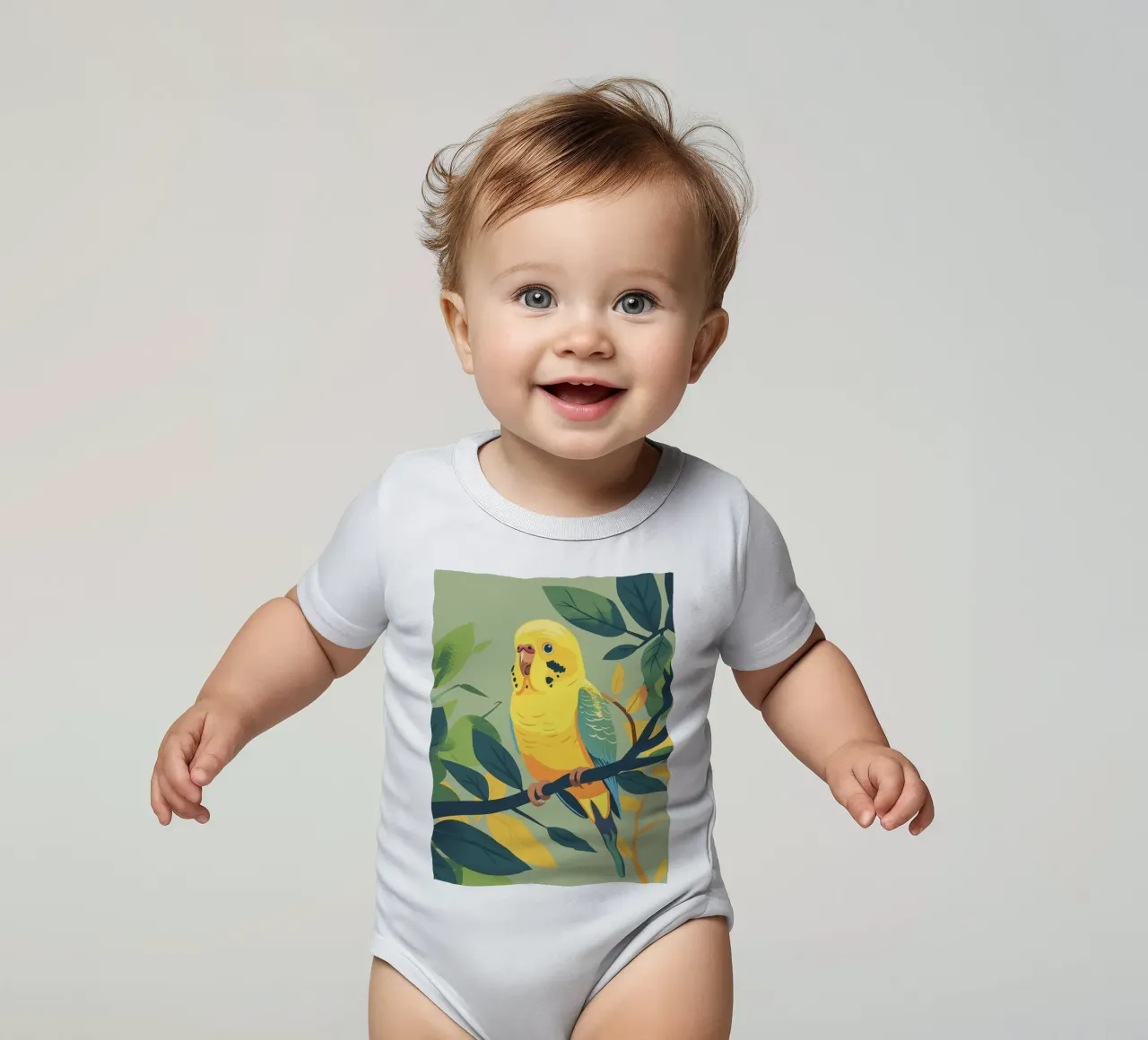Whimsical Wonder: A Budgie Surrounded by Nature short-sleeve baby romper by DesignDoodle