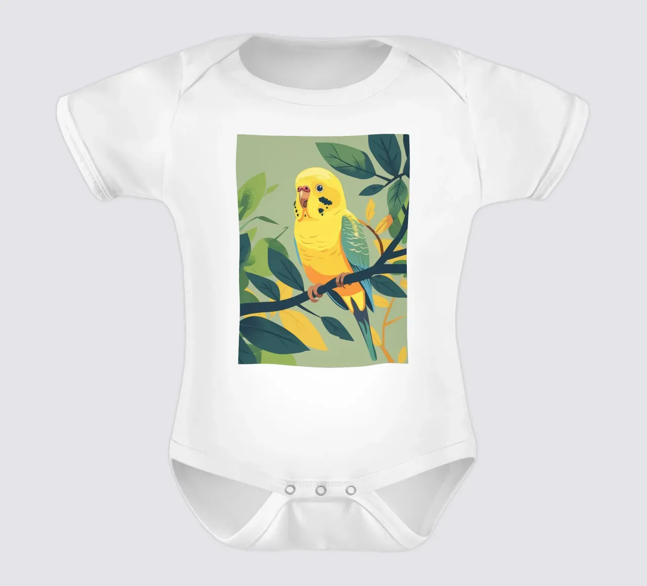 Whimsical Wonder: A Budgie Surrounded by Nature short-sleeve baby romper by DesignDoodle