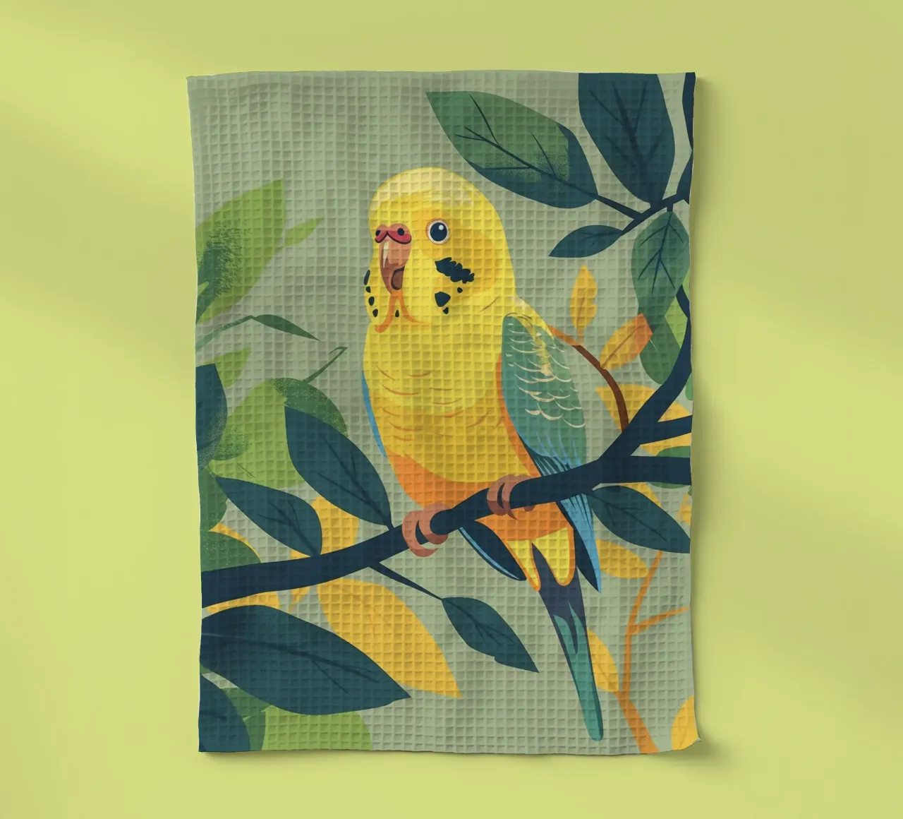 Whimsical Wonder: A Budgie Surrounded by Nature tea towel by DesignDoodle