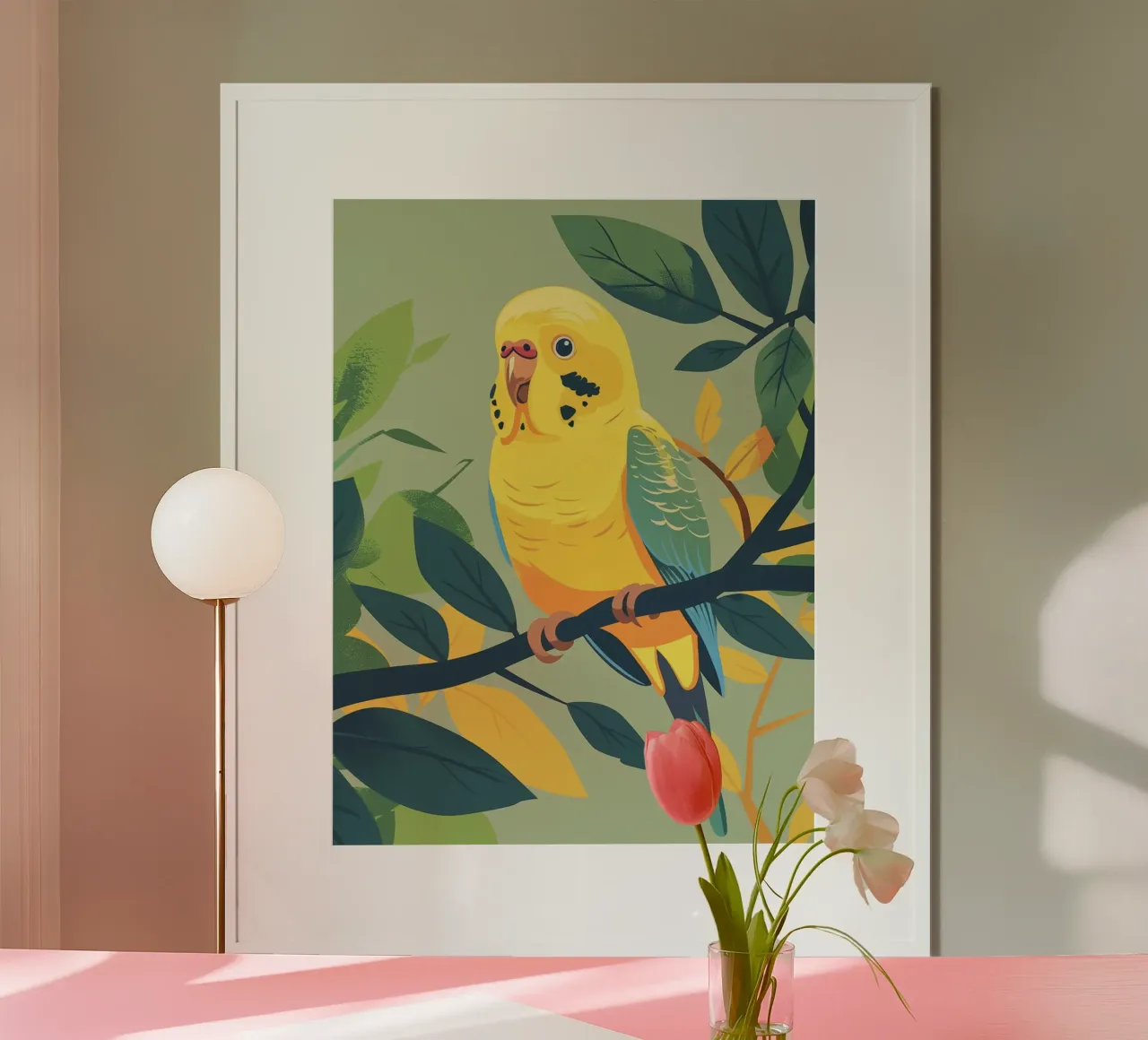 Meraviglia stravagante: Un pappagallo circondato dalla natura poster con telaio in legno da DesignDoodle