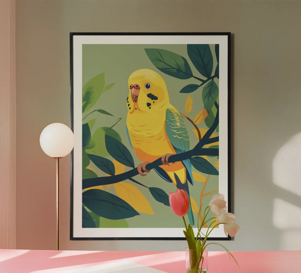 Meraviglia stravagante: Un pappagallo circondato dalla natura poster con telaio in legno da DesignDoodle