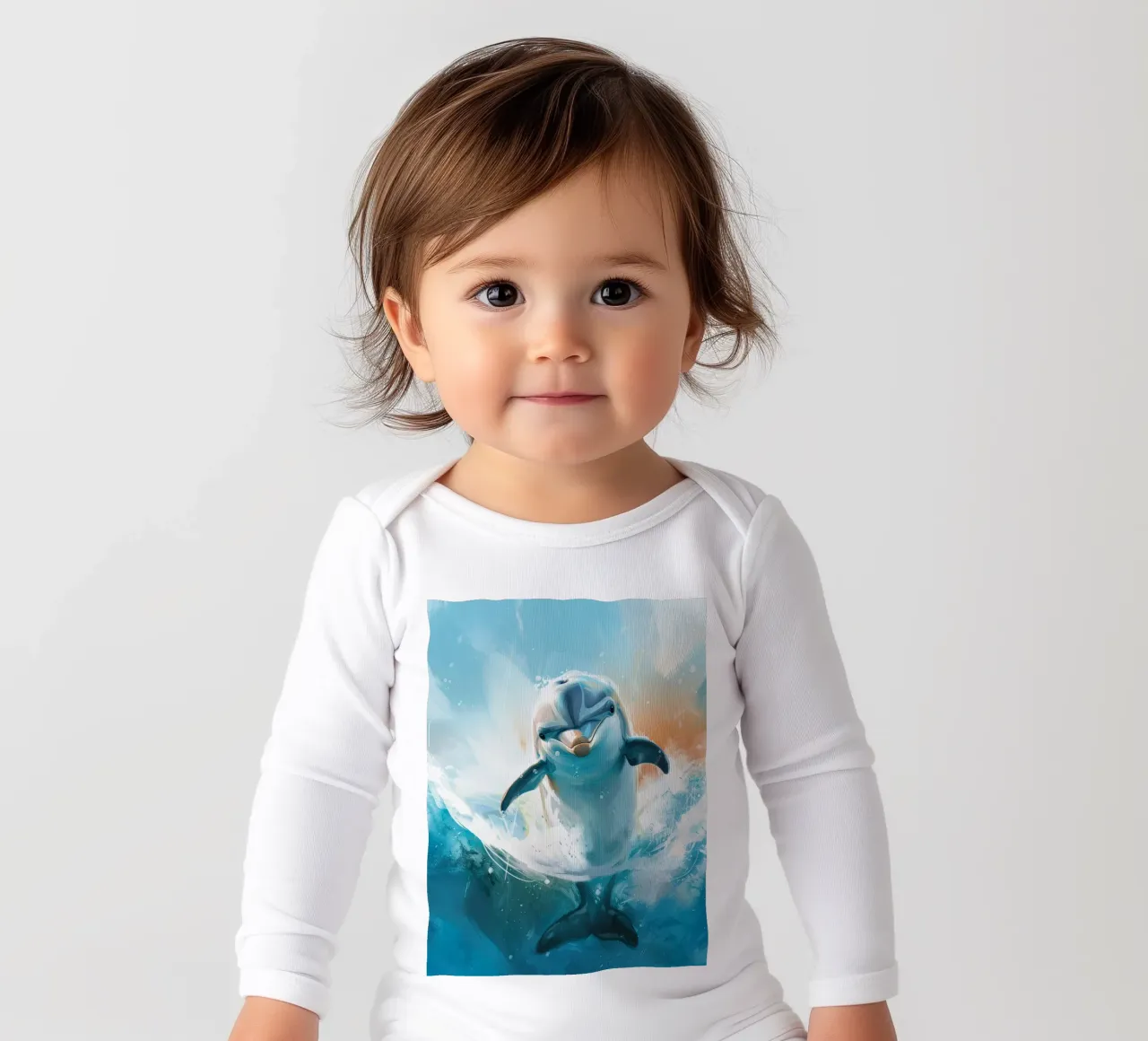 Joyful Leap: The Friendly Bottlenose Dolphin in the Wild long-sleeve baby romper by DesignDoodle