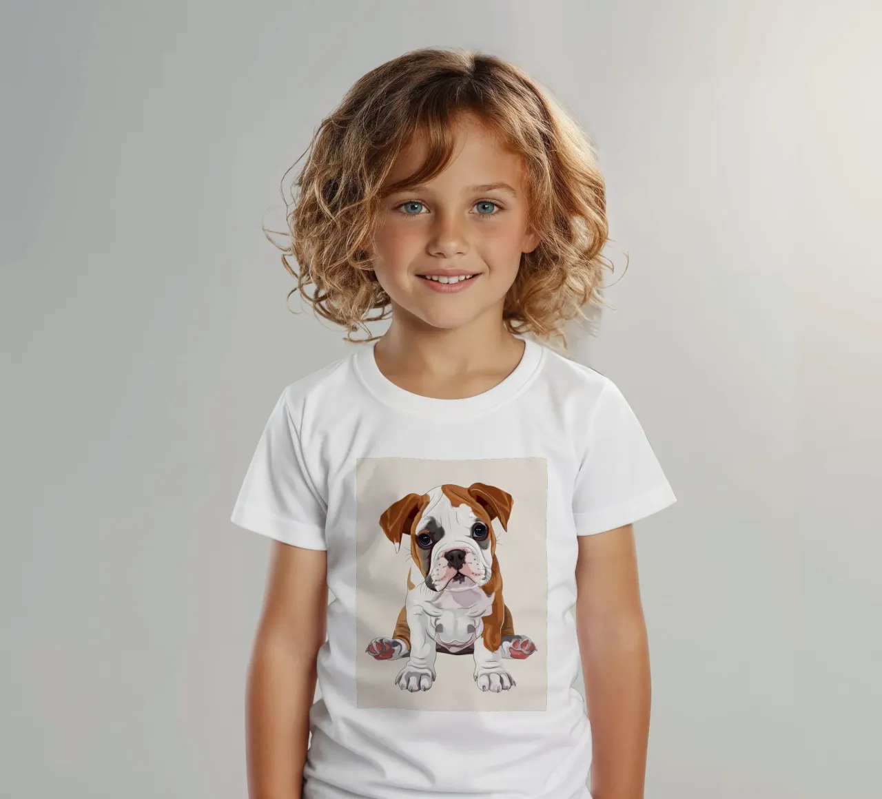 Sanfte Bulldogge: Ein Porträt der Unschuld Kinder T-Shirt von DesignDoodle