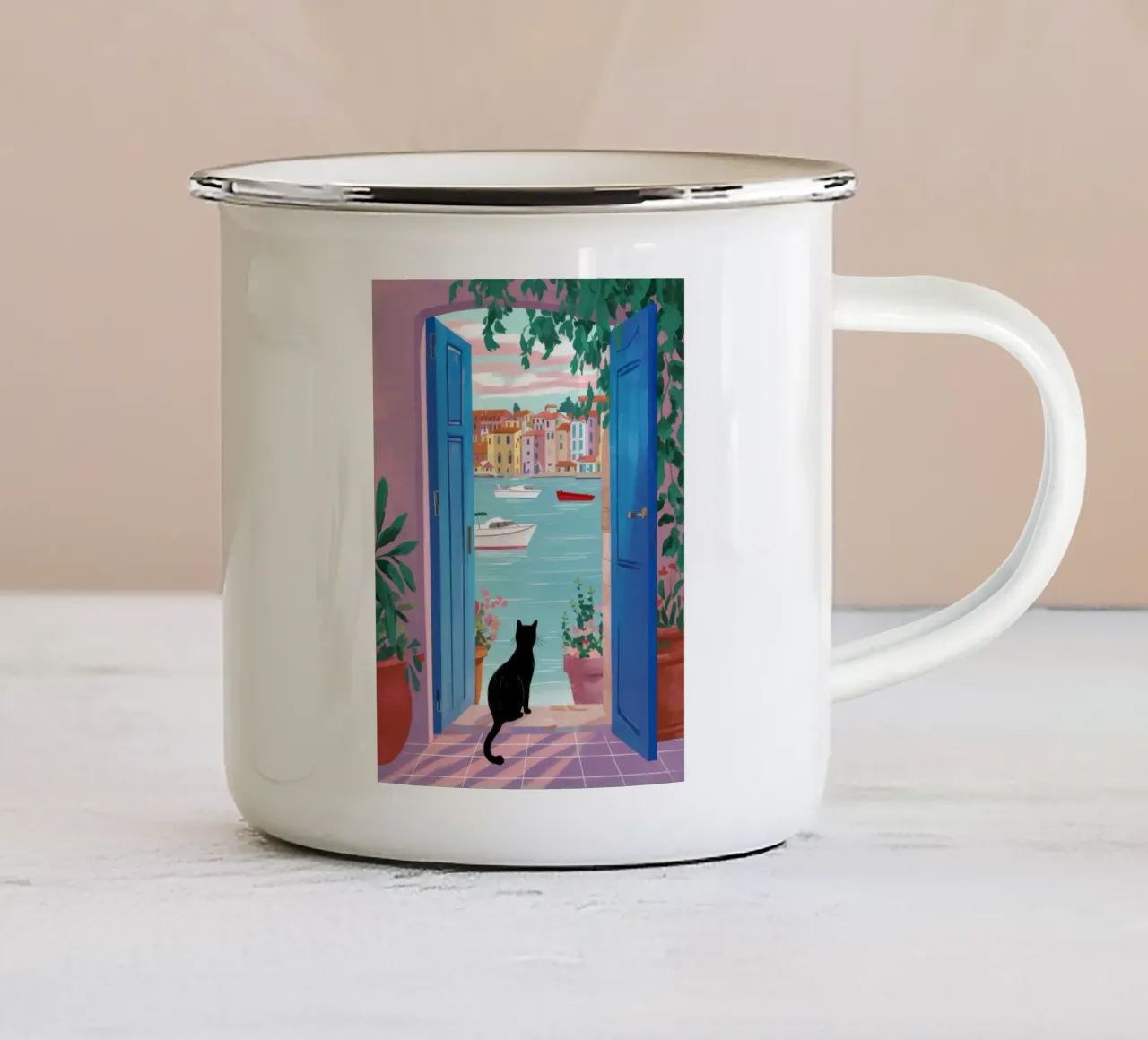 Gatto nero a porte aperte tazza in smalto da FadeAura